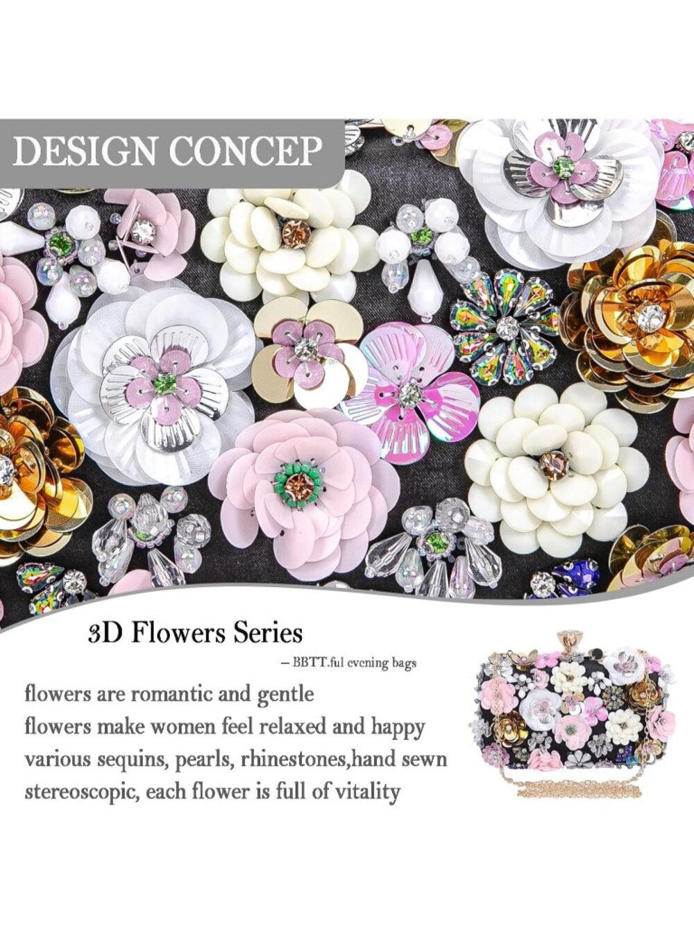 Women's Black Floral Beaded Chain Strap Party Prom Clutch Purse Evening Bag - Picture 7 of 7